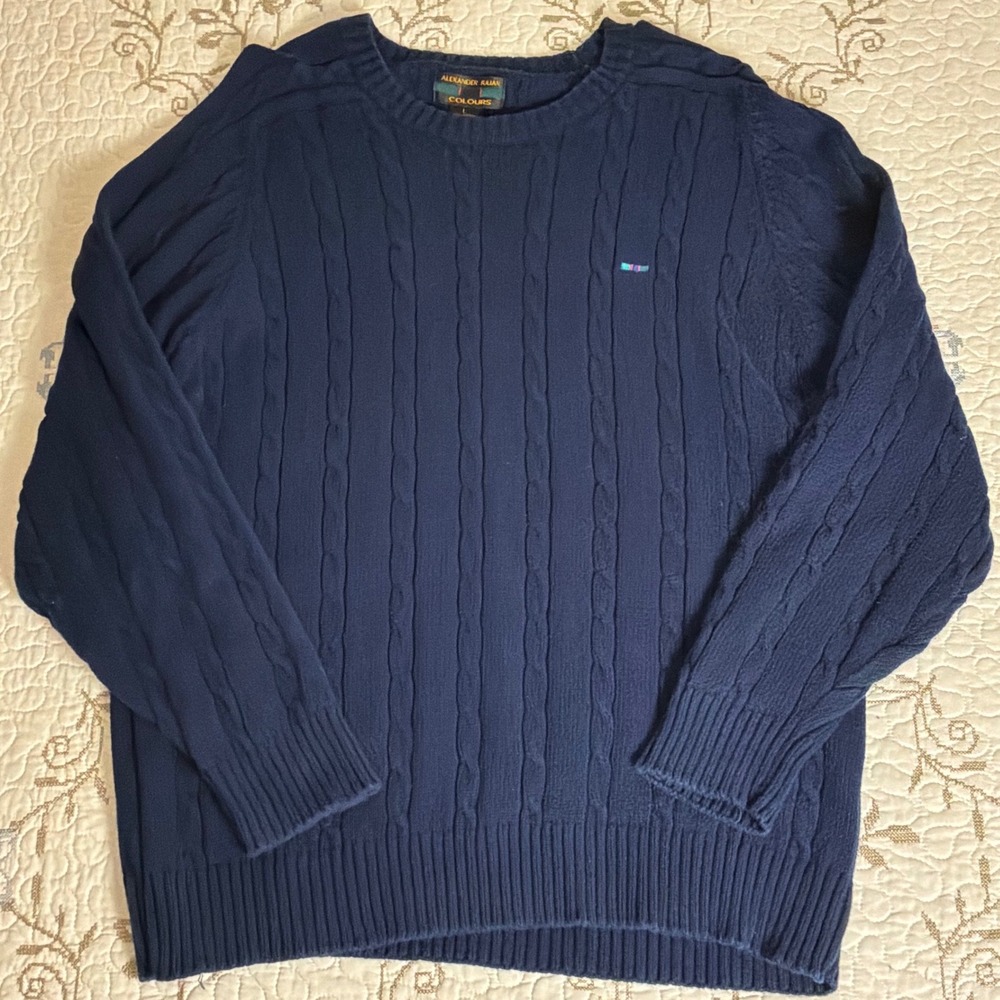 Alexander Julian Colours Sweater Mens Navy Cable Knit Cotton Large